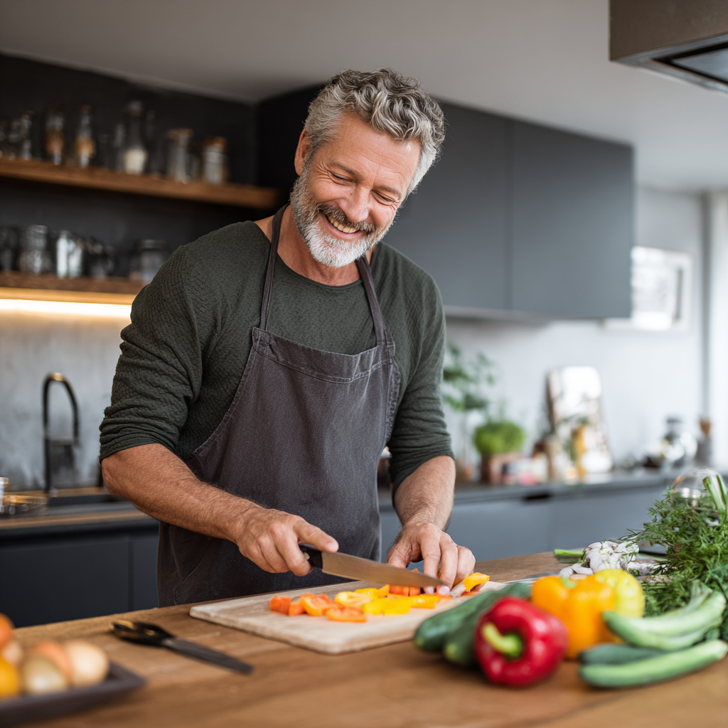 Мъж на 58 години готви здравословна храна в модерна кухня, усмихва се докато реже зеленчуци