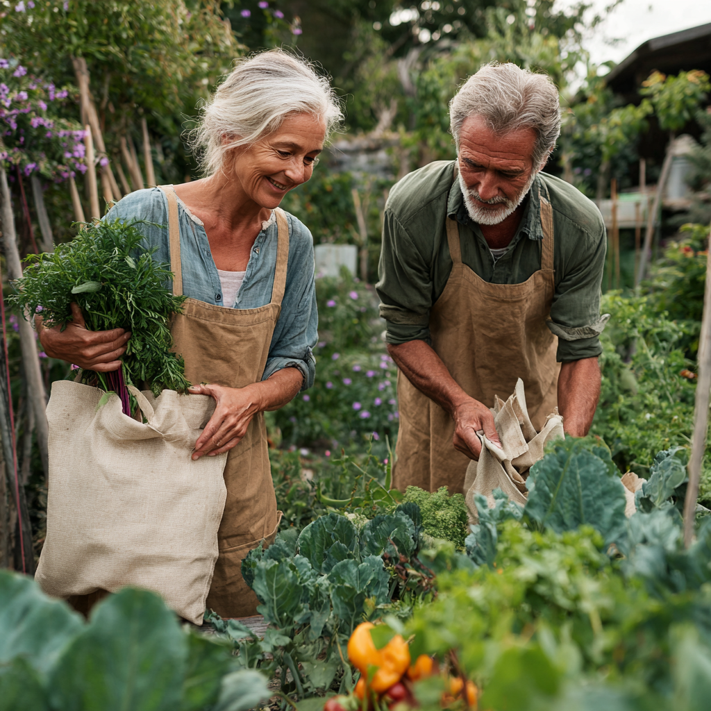 Двойка във възраст около 55 години събира зеленчуци в градина, носят еко торби и се усмихват