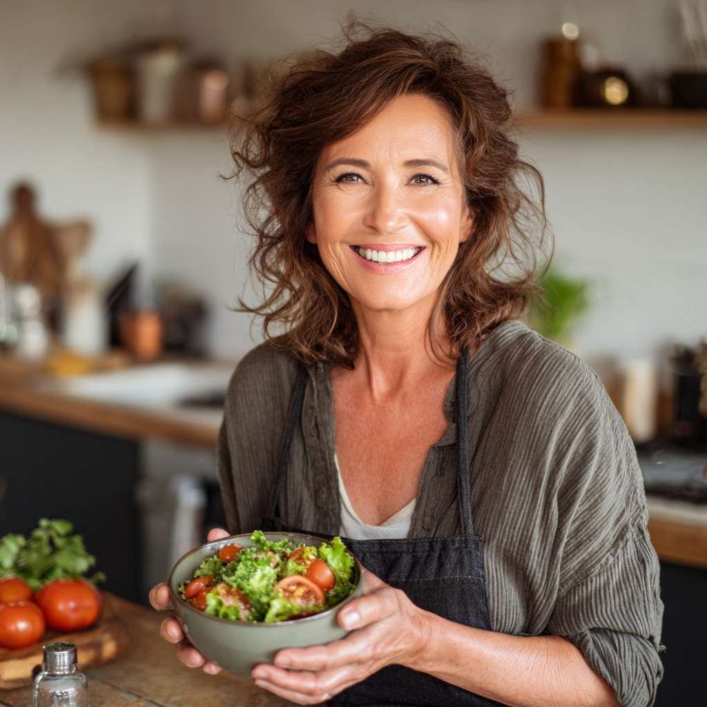 Усмихната жена на 55 години държи здравословна салата и се усмихва пред кухненския плот